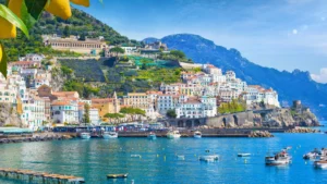 Amalfi’s waterfront, harbour and terraced hills on the Campania coast