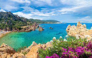 Turquoise Sardinian cove framed by granite rocks and flowering coastal plants